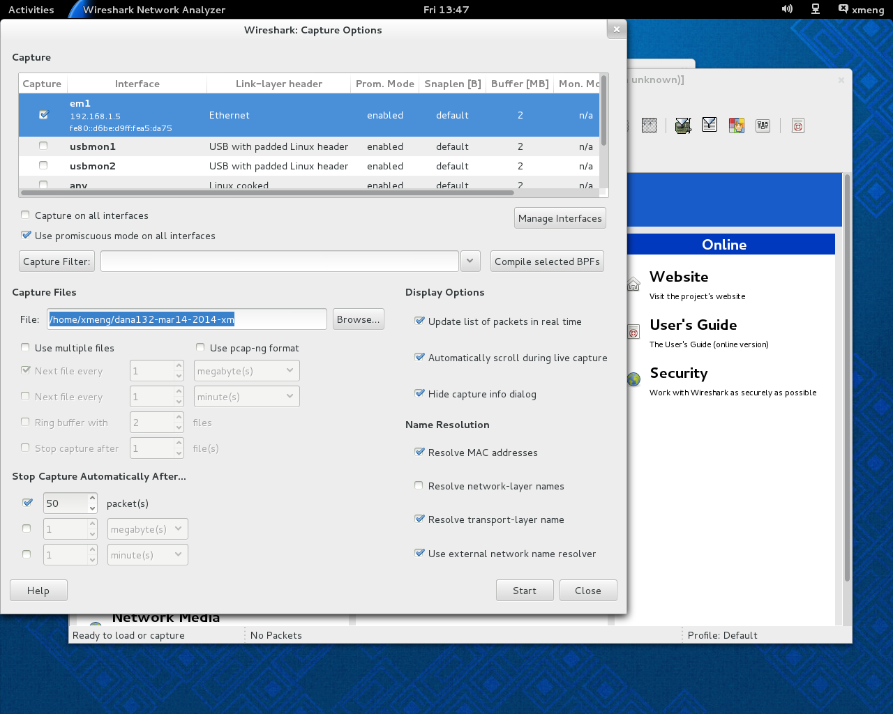 Wireshark option screen after setting