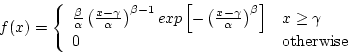 \begin{displaymath}f(x) = \left\{ \begin{array}{ll}
\frac{\beta}{\alpha} \left( ...
...ht] & x \ge \gamma \\
0 & \rm {otherwise}
\end{array} \right. \end{displaymath}