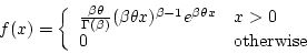 \begin{displaymath}f(x) = \left\{ \begin{array}{ll}
\frac{\beta \theta}{\Gamma ...
...a x} & x > 0 \\
0 & {\rm otherwise} \\
\end{array} \right. \end{displaymath}