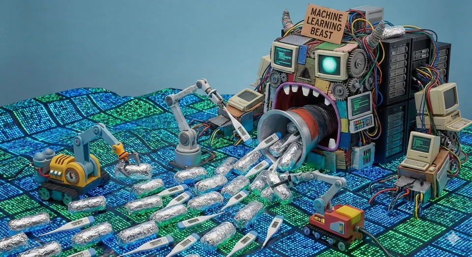 Toy diorama: a Machine Learning Beast built of old computers and servers swallows foil-wrapped burritos and thermometers that toy robots feed it