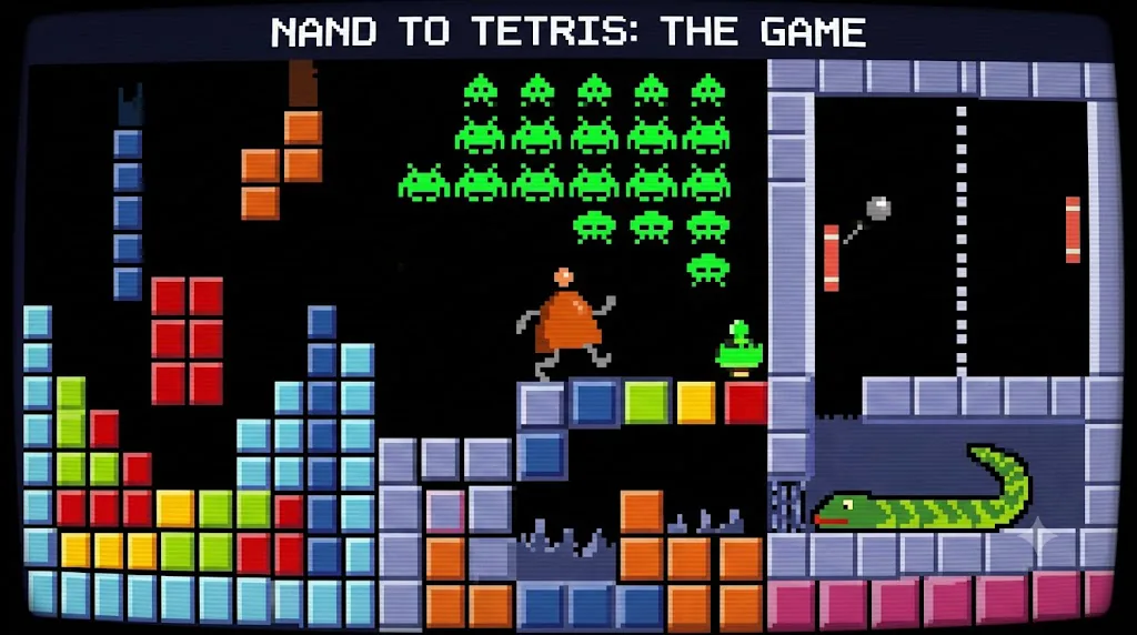 Pixel-art game screen titled Nand to Tetris: The Game, with Tetris blocks, space invaders, Pong and a snake