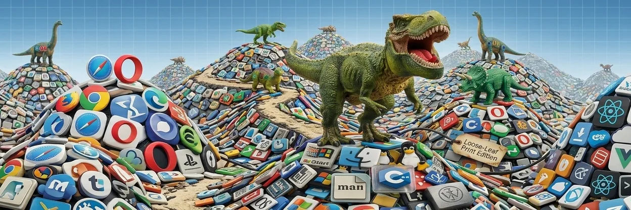 Toy dinosaurs labeled with old operating systems, like Amiga and BeOS, roam hills of operating system and app icons