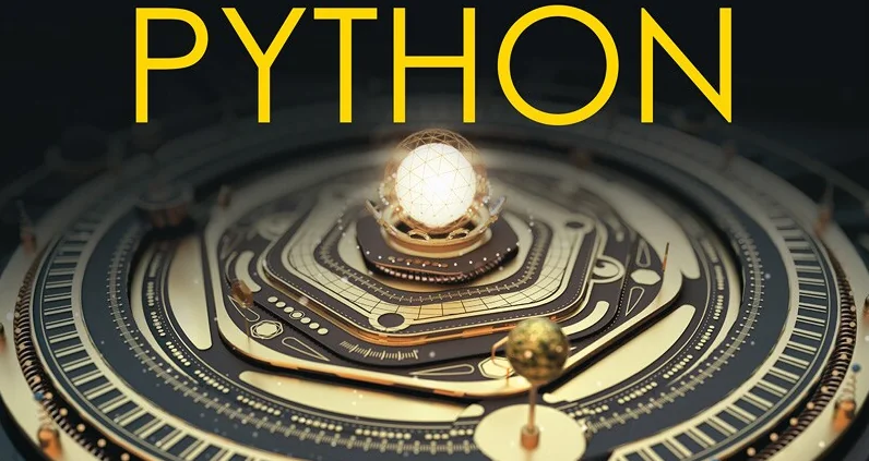 Book cover art: the word PYTHON above a glowing golden orrery of nested rings and dials