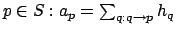 $p \in S: a_p = \sum_{q:q\rightarrow p} h_q$