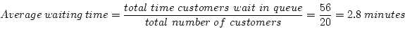 \begin{displaymath}Average~waiting~time = \frac{total~time~customers~wait~in~queue}
{total~number~of~customers} = \frac{56}{20} = 2.8 ~minutes \end{displaymath}