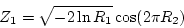 \begin{displaymath}Z_1 = \sqrt{-2 \ln R_1} \cos (2\pi R_2) \end{displaymath}